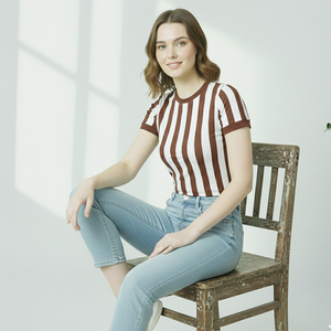 T-shirts pour femmes écologiques personnalisés avec des rayures marron foncé et blanches, tissu antibactérien de 100 grammes, services OEM - Product Image 6