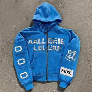 Sudadera con capucha 2026 de estilo urbano vintage, con lavado a la piedra, de corte extragrande y holgado, corta, bordada, con cremallera, con tachuelas y pedrería, con bolsillos - Product Image 2