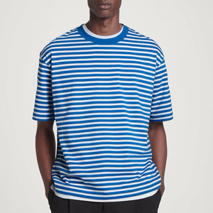 T-shirts rayés 100 % coton pour hommes, coupe oversize à épaules tombantes, teints en fil, vierges, personnalisables avec logo, style streetwear décontracté, vente en gros - Product Image 5