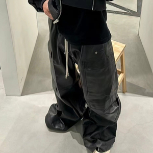 OEM Custom logo Leather Flared Pants Multi-pocket <b>Overalls</b> Unisex Trendy Loose Wide-leg Floor-length Trousers Flare Leather Pant - Product Image 3