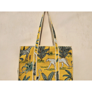 Bolso de mano acolchado de algodón 100% hecho a mano, bolso de hombro térmico con cremallera estampada en la jungla para mujer, cadenas portátiles a rayas suaves - Product Image 4