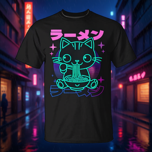 Camiseta Neko Anime Kawaii Ramen Cat, diseño negro neón, unisex, para adultos, cuello redondo, manga corta, impresión digital - Product Image 3