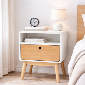 Table de chevet moderne en MDF éco-responsable et durable, placage frêne, accents blancs en bois d'hévéa, couleur naturelle, mobilier de chambre pour hôtel et appartement - Product Image 1