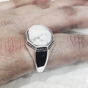 Anillo para hombre al por mayor, piedra preciosa de howlita blanca Natural, anillo de piedra natal, todos los tamaños, Joyería Árabe de Navidad, anillo de Plata de Ley 925 - Product Image 3