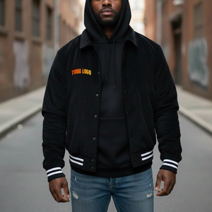 High Quality Custom Canvas Embroidery Logo 100% Wool Solid Color Heavyweight <b>Long</b> Hooded Varsity Winter <b>Jacket</b> for <b>Men</b> - Product Image 1