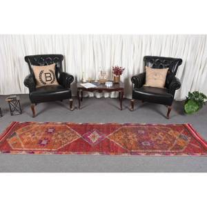 Alfombra de lana roja y naranja bohemia de área grande, 2,7x9,5 pies, estilo clásico turco, látex rectangular abstracto para uso en el pasillo, alfombra para habitación - Product Image 2