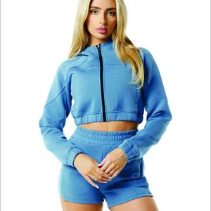 ชุดเสื้อครอปและกางเกงขาสั้นสำหรับผู้หญิงชุดเสื้อมีฮู้ด2ชิ้นและกางเกงขาสั้นเอวยางยืดสำหรับฤดูใบไม้ร่วง - Product Image 1