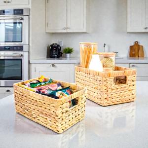 ISLA Lot de 2 paniers de rangement rectangulaires en jacinthe tressée à la main, bacs organisateurs polyvalents avec poignées intégrées pour étagère, placard, armoire OEM - Product Image 1