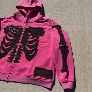 Sudadera con capucha bordada con apliques desgastados de 450Gsm personalizada para hombre, cuello con capucha con patrón sólido y cremallera completa de gran tamaño para invierno - Product Image 4