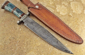 CUSTOM HANDMADE DAMASCUS STEEL COLOR <b>BONE</b> <b>HANDLE</b> BEAUTIFUL HUNTING BOWIE WITH LEATHER SHEATH by <b>KNIVES</b> MAKER. - Product Image 5