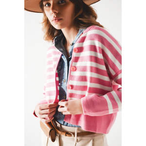 Cárdigan Ligero de Rayas Rosas para Otoño y Primavera con Bordado y Decoración de Botones, Prenda Larga - Product Image 5