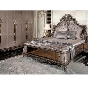 Set furnitur kamar tidur, furnitur kamar tidur lapis perak metalik, tampilan Tangan Imperial, furnitur kamar tidur ukiran tangan Royal French