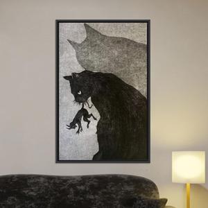 Impresión en lienzo minimalista de gata y gatito: elegante arte de pared con temática de mascotas, lienzo con marco negro - Product Image 1