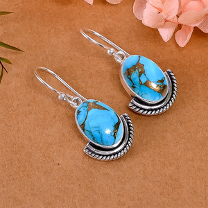 Pendientes de aro de Plata de Ley 925 de estilo bohemio, gota de piedra preciosa turquesa azul cobre, joyería religiosa cristiana hecha a mano - Product Image 3