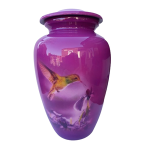 Urna Funeraria de Aluminio para Cenizas de Adultos, Color Morado, con Diseño de Colibrí, Hermosa Urna de Aluminio con Palomas Voladoras - Product Image 1
