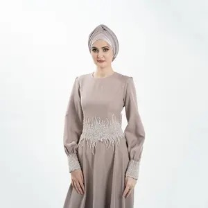 Vestido islámico modesto con tocado para mujer, vestido Abaya ajustado de café con bordado de fabricante
