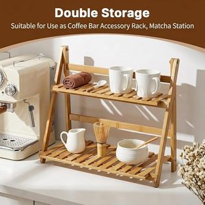 <b>Foldable</b> Bamboo 2 Tier <b>Desk</b> Organizer Shelf Slatted Storage Rack Standing Display Holder for Office Kitchen - Product Image 4
