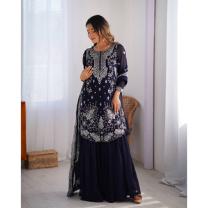 Belle traditionnelle indienne pakistanaise fausse Georgette Kurti Shalwar Kameez ensemble moderne élégant vêtements prêt à porter nouveau vente en gros - Product Image 5
