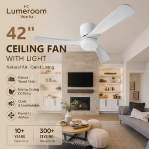 USA In Stock 42 Inch White <b>Ceiling</b> Fan with <b>Light</b> Solid Wood Blades Low Profile Mount Quiet Reversible DC Motor - Product Image 1
