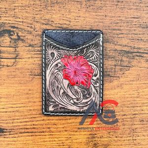 Custom Branded Tooled Leather Credit Card Holders Pink Floral Card Case Western Genuine Leather Pocket Wallet Gift for Him & Her - Product Image 1