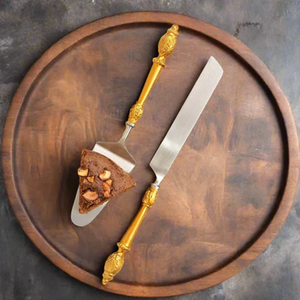 Juego de servidores de pastel de latón, hoja dorada con elegante tira rectangular de madreperla con incrustaciones de mango, disponible a precios de mayorista - Product Image 5