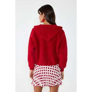 Cardigan en tricot décontracté rouge avec détails boutonnés et poche, orné de dentelle, en laine et acrylique, long, pour la saison automne-hiver - Product Image 4