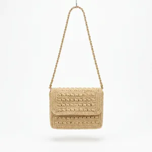 Bolso de Hombro de Rafia Tejida con Diseño Geométrico para Mujer, Bolso Tote Beige con Solapa, Correa de Cadena Única, Bolso de Viaje Casual Portátil para Verano - Product Image 2