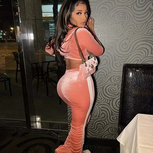 Conjunto de dos piezas de terciopelo liso para mujer, chándal con cremallera, sudaderas con capucha de manga larga, pantalones acampanados, traje de correr - Product Image 2