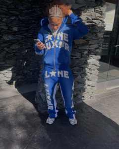 Chándal grueso de felpa francesa de alta calidad, chándal completo personalizado con diamantes de imitación, parche bordado desgastado por el sol, conjunto lavado con ácido - Product Image 5