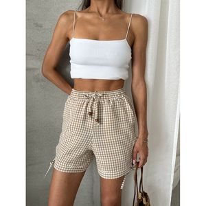Topshow Stone Side-Laced Gingham Wholesale Shorts - STONE - Product Image 4