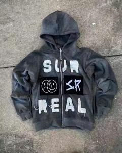 Sweat à capuche brodé en coton éponge français personnalisé 500 g/m² Lavage à l'acide Sweat à capuche zippé lavé Broderie Patch Hoodies - Product Image 3