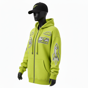 เสื้อฮู้ดดี้ผู้หญิงแบบซิปเต็มตัว คุณภาพพรีเมียม ผ้าฟลีซเนื้อนุ่ม ผสมผ้าฝ้ายและโพลีเอสเตอร์ สีเขียวมะนาว ปักโลโก้และแพทช์ เสื้อฮู้ดดี้แบบพื้นฐาน - Product Image 4