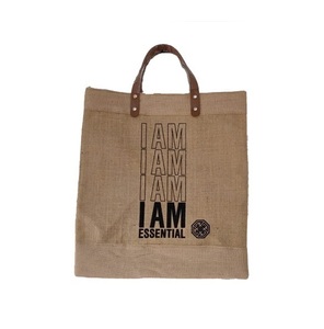 Bolso grande de lino y yute con logotipo impreso personalizado y asa de cuero, bolso de compras de lona de algodón ecológico personalizado - Product Image 2