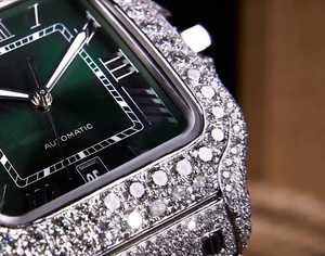 Lujoso reloj de diamantes VVS Moissanite de alta calidad, elegante esfera verde, números romanos, cuadrado, completamente helado, acero inoxidable - Product Image 3