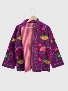 Veste en velours violet brodée de fleurs, col mandarin, manches longues, broderie à la main, vêtements d'automne pour femmes - Product Image 4