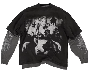 Heavyweight 300GSM 100% algodón estampado ácido lavado largo hombres Camisetas cuello redondo de gran tamaño personalizado serigrafía camisas - Product Image 1