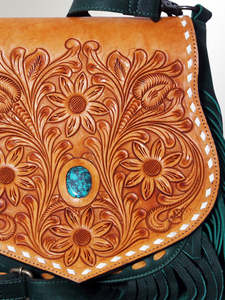 Sac à bandoulière en cuir fait à la main Lady Western avec frange florale Turquoise Stone Vintage Boho Style léger et de haute qualité - Product Image 3