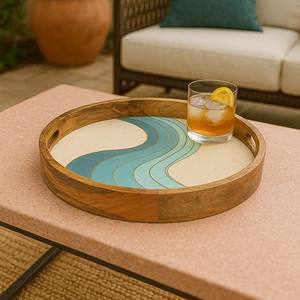 Plateau de service décoratif en bois moderne fait à la main, nouveau design avec motif de vagues océaniques, forme rectangulaire ronde pour la vaisselle. - Product Image 6