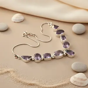 สร้อยคอเงินแท้ 925 ประดับพลอยอเมทิสต์ ชุบโรเดียม พร้อมหยกและเทอร์ควอยซ์ สไตล์คลาสสิกทันสมัย เหมาะสำหรับเป็นของขวัญสำหรับผู้หญิงในโอกาสหมั้น - Product Image 1