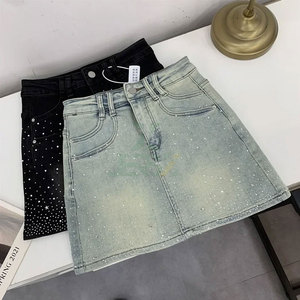 Jupe en jean midi droite vintage à taille naturelle, ornée de strass, respirante, séchage rapide, tendance mode été pour femme - Product Image 6