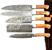 Juego de Cuchillos de Cocina de Acero de Damasco Hechos a Mano, 5 Piezas, con Mango de Madera, Incluye Bolsa de Cuero Gratis