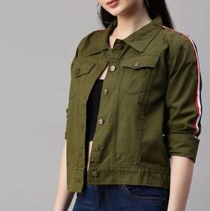 Veste femme vert olive Veste en coton style street tendance Veste d'extérieur ajustée avec rayures latérales élégantes à manches longues - Product Image 3