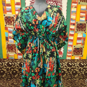 Femmes durable son noir coton caftan robe imprimé fleuri Maxi Midi Style dos libre plage Resort porter pour l'été - Product Image 1