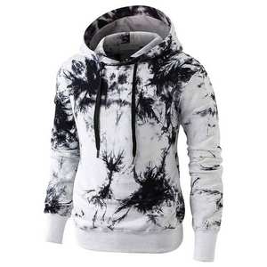 Sweat-shirt à capuche imprimé tie-dye noir et blanc pour homme, streetwear, polaire, hiver - Product Image 1