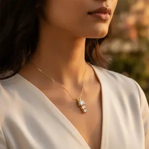 Elegante Colgante de Circonita Cúbica Chapado en Oro para Mujer, Cadena de Eslabones Chapada en Rodio de Moda, Patrones de Flores y Corazones, Diamante Principal, Regalo - Product Image 1