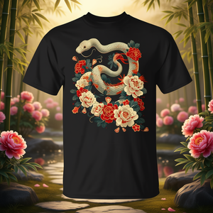 Camiseta del año chino de la serpiente con diseño floral, camisa negra para hombre - Product Image 3