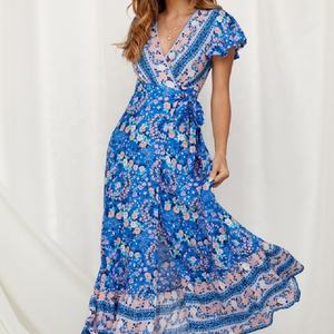 Vestido largo de talla grande para mujer, estampado Popular, bohemio, cuello en V, manga corta, abertura lateral, personalizado - Product Image 4