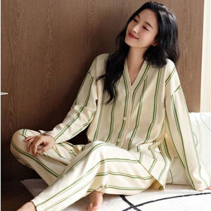 ชุดนอนกิโมโนคอวีแขนยาวสำหรับผู้หญิงชุดนอนแขนยาวผ้าฝ้ายนมชุดใส่อยู่บ้านแฟชั่นเกาหลีแบบลำลองออกแบบได้ตามต้องการ - Product Image 4