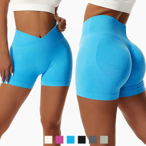 Short de yoga solide taille moyenne pour femmes bouton de fermeture à cordon élastique sans couture short de sport respirant à séchage rapide - Product Image 1