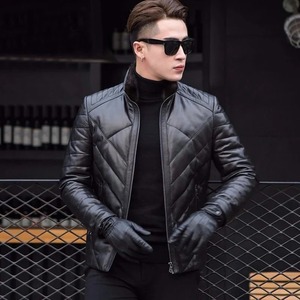 Manteau d'hiver en cuir véritable de mouton pour homme, coupe slim, court, matelassé, imperméable, écologique - Product Image 4